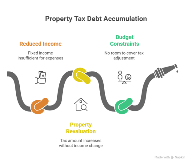 Diagram showing how reduced income and property revaluation lead to unpaid property taxes and growing property tax debt